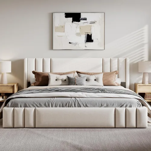 Vista 11 de Moderna cama tapizada de tamaño Queen, forro polar bereber grueso, base de colchón tapizada con cabecera copetuda y soporte de listones de madera