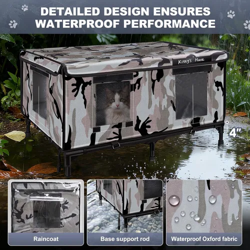Vista 5 de Casa para gatos al aire libre – Refugio resistente a la intemperie para gatos con 2 puertas y cubierta para lluvia, casa impermeable para gatos