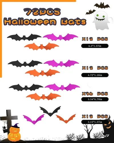 Vista 4 de 72 piezas de decoración de murciélagos de Halloween para interiores y exteriores, suministros de fiesta de Halloween, calcomanías de murciélago 3D 3