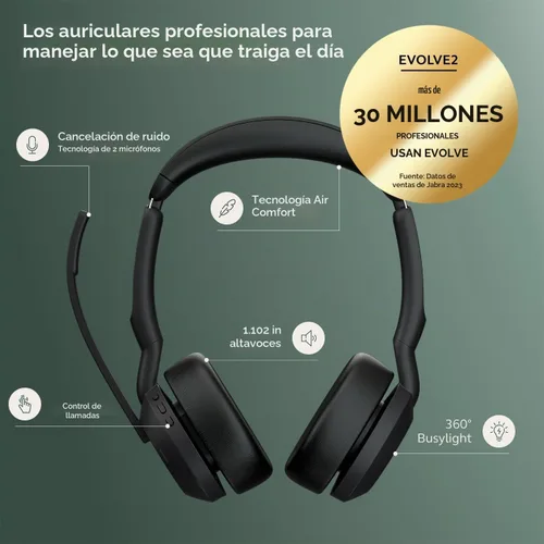 Vista 3 de Jabra Evolve2 55 Stereo - Auriculares inalámbricos con tecnología AirComfort, micrófonos con cancelación de ruido y cancelación activa de ruido