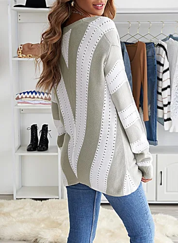 Vista 4 de EVALESS Suéteres para mujer, manga sexy, cuello en V profundo, casual, tejido a rayas