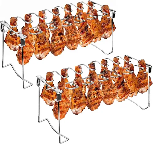 Vista 6 de Triceratops Estante para patas y alas de pollo, 14 ranuras para baquetas de pollo para barbacoa, soporte de acero inoxidable para ahumador, horno