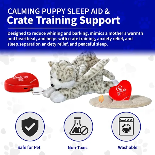 Vista 5 de Pet Fit For Life Animal de peluche para gatos – Ayuda calmante para dormir con latidos cardíacos recargables por USB y paquete de calor para aliviar