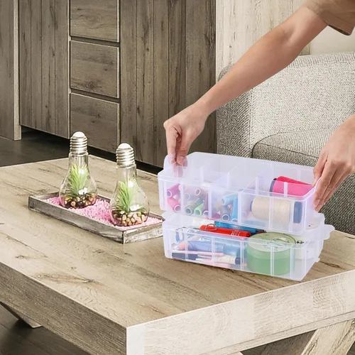 Vista 5 de Caja de almacenamiento apilable de plástico con 30 compartimentos ajustables, 3 niveles, organizadores de manualidades apilables transparentes