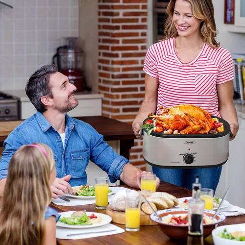 Vista 7 de Sunvivi Horno eléctrico asador de pavo de 20 cuartos de galón con tapa, tostadores eléctricos con bandeja extraíble, tostador grande, tapa