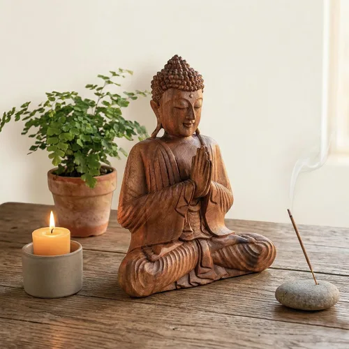 Vista 4 de G6 Collection Estatua de Buda sentado de madera de 8 pulgadas, escultura meditadora hecha a mano, decoración decorativa para el hogar, decoración