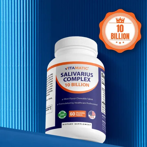 Vista 5 de Vitamatic Salivarius Complex 10 mil millones de tabletas masticables con sabor a menta – 60 unidades – Probióticos masticables de salud oral +