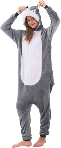 Vista 4 de ZOBAYOP Pijama unisex con capucha de animales para adultos para mujeres y hombres, disfraz de Halloween, cosplay, husky