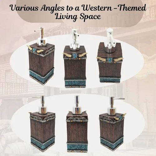 Vista 4 de BestGiftEver Dispensador de jabón Southwestern, accesorios de baño de vaquero, bomba de jabón inspirada en cuero sintético y cuero; decoración