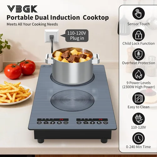 Vista 3 de VBGK Placa de cocción de inducción, placa caliente de doble quemador de 110 V 2300 W con control táctil LED, 9 niveles de potencia, bloqueo