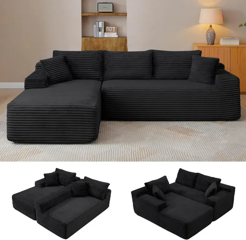 Vista 19 de Sofá modular en forma de L de 108 pulgadas, sofá modular sin hueso para sala de estar, cómodo sofá esponjoso de pana con asiento profundo Camel