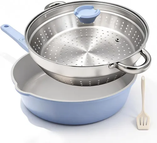 Vista 15 de AIKENBBKK Sartén profunda de cerámica de 8 pulgadas con tapa Blanco