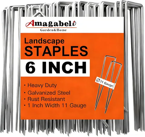 Vista 10 de AMAGABELI GARDEN & HOME Paquete de 50 grapas galvanizadas de 4 pulgadas para jardín, estacas de jardín de calibre 12, estacas de cubierta