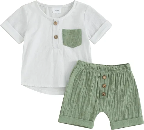 Vista 22 de Conjunto de ropa casual de manga corta con botones y pantalones cortos de lino para bebés y niños pequeños