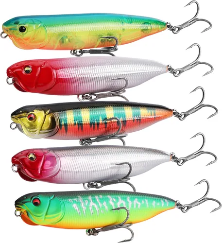 Vista 9 de FLISSA Juego de 5 señuelos de pesca de agua superior, señuelos de pesca de lubina para agua dulce y salada, señuelo duro realista, señuelo de pesca