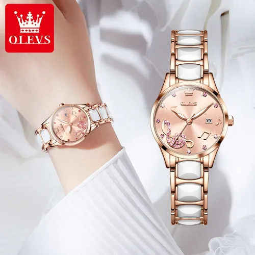 Vista 3 de OLEVS Relojes para mujer oro rosa de dos tonos de moda de cerámica blanco esfera rosa roja acero inoxidable fecha impermeable
