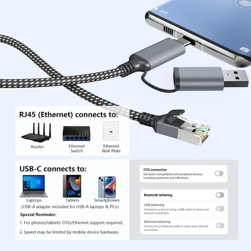 Vista 7 de Jadaol Cable USB-C/USB-A a Ethernet de 3 pies, adaptador USB-A integrado, LAN Gigabit RJ45 de hasta 1 Gbps, Plug & Play para la mayoría