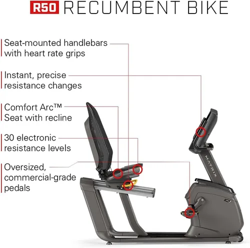 Vista 2 de Matrix Fitness R50 Recumbent Bike Club-Quality Dual Form Frame, Comfort Arc Seat Quiet Exact Force Induction Brake Recovery Rides, Low-Impact