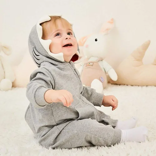 Vista 3 de ALLAIBB Disfraz de tiburón para bebé, mameluco de algodón con dibujos animados 3D, lindo overol con capucha para bebés, niños y niñas, 3-24 meses