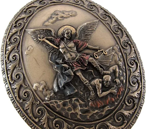 Vista 5 de Veronese Design 4.75 pulgadas San Miguel Ornado Oval Forma Bas Relief Baratija Rosario Caja de Rosario de Resina Fundida en Frío Acabado Bronce