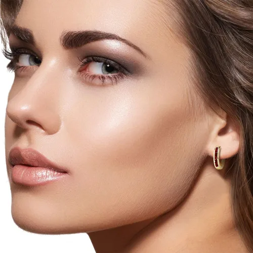 Vista 2 de Galaxy Gold GG Pendientes Huggie ovalados de oro macizo de 14 quilates de 1.3 quilates granate, Metal Gema, Granate