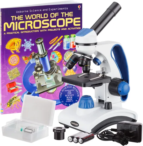 Vista 5 de AmScope M162C-2L-PB10 40X-1000X Microscopio de metal con doble lente de vidrio + portaobjetos, para estudiantes