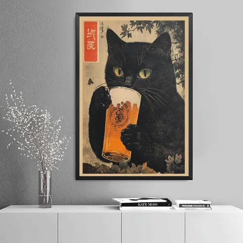 Vista 2 de SENLYCH Póster de pintura en lienzo e impresión vintage de gato negro con cerveza, impresión de arte japonés, gato negro bebiendo cerveza, póster
