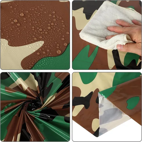 Vista 2 de Oudain Mantel de plástico de camuflaje de 3 piezas, mantel redondo de plástico desechable, fundas de mesa temáticas de camuflaje, decoraciones