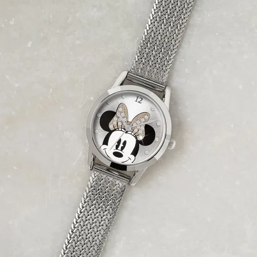 Vista 2 de Disney Reloj analógico clásico de cuarzo para mujer con correa de acero inoxidable MN8008, Plateadonegroblanco, Pulsera