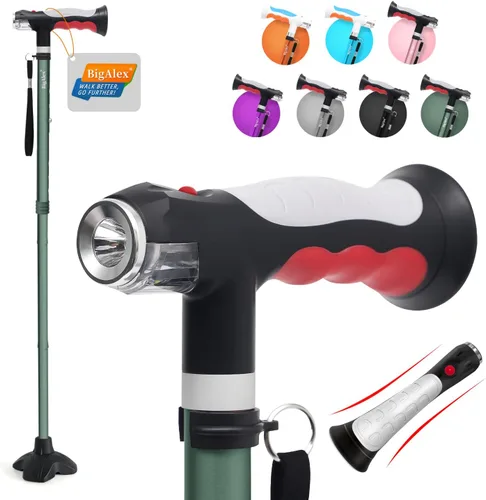 Vista 15 de BigAlex Bastón plegable con dos luces LED para ancianos, base sólida, bastón ajustable con bolsa de transporte para hombres y mujeres Negro