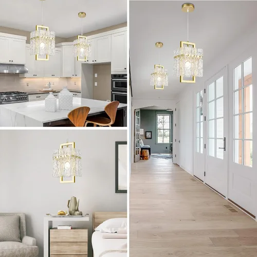 Vista 6 de IKK Lámpara colgante de cristal dorado para isla de cocina, lámpara de araña de vidrio ondulado de lujo, moderna y elegante iluminación colgante Oro
