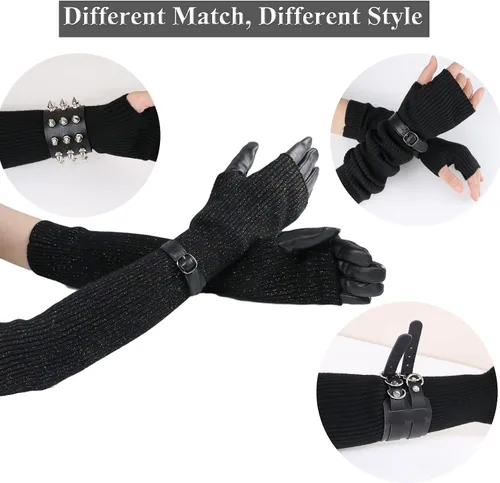 Vista 31 de Facecozy Calentadores de brazos para mujer, mezcla de lana de cachemira, guantes largos sin dedos para mujer, guantes para clima frío con agujero