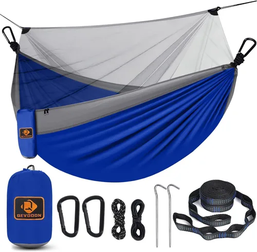 Vista 10 de Qevooon Hamaca de camping con red, hamacas ligeras portátiles de viaje con correas para árboles y mosquetones sólidos en forma de D, hamaca de Negro