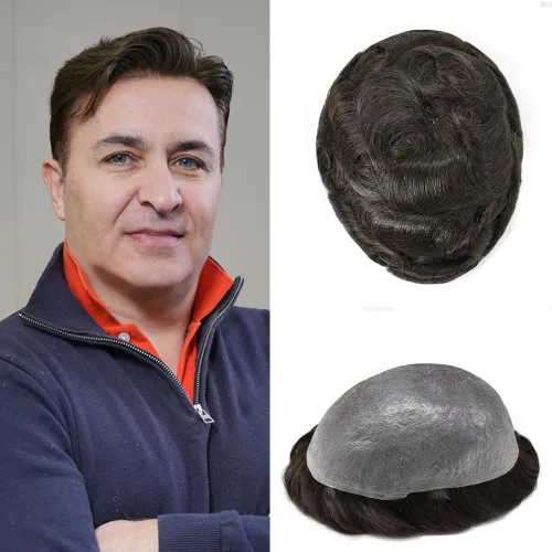 Vista 71 de Tupé de piel ultra fina para hombres pieza de cabello humano real sistema de reemplazo 0.002 in Mens Toupee Hairpiece para hombres V-Loop 8x10 80%