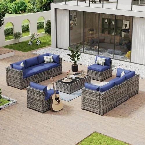 Vista 21 de Aoxun - Juego de 7 piezas de muebles de patio de mimbre de ratán, conjunto de sofá modular para conversación de patio con mesa de café y cojines