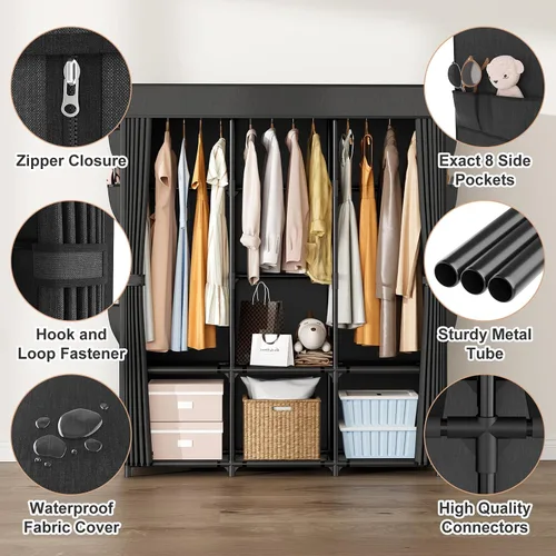 Vista 4 de Armario portátil para colgar ropa, perchero de gran capacidad con tapa, 3 varillas para colgar, 6 estantes y 8 bolsillos, armario fuerte y estable