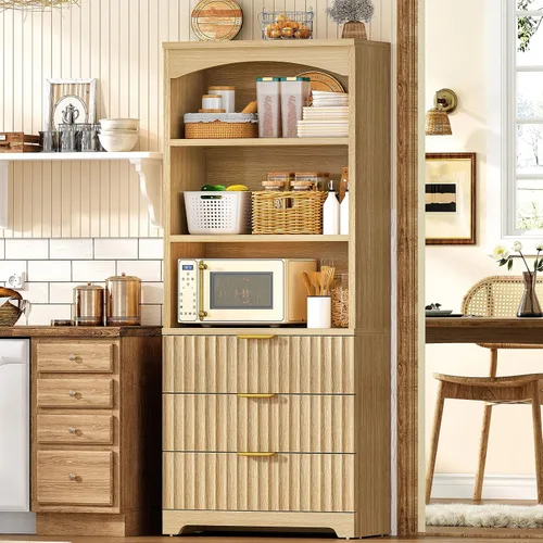Vista 9 de TEENFON Estantería de 63.3 pulgadas de alto, estanterías y estanterías con cajones, estantería de diseño arqueado con gabinete de almacenamiento