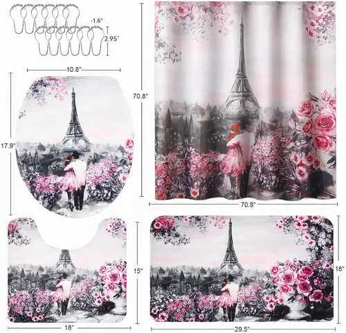 Vista 8 de Juego de accesorios de baño con cortina de ducha y tapete de baño rosado de París