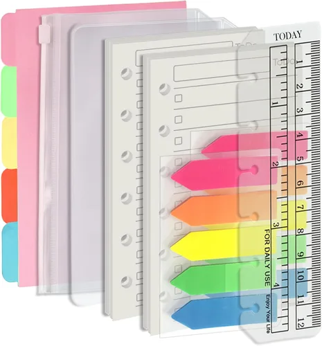 Vista 13 de Harphia A5 - Juego de 6 agujeros de relleno de carpeta, 90 hojas sueltas en blanco liso con calcomanías y divisores, insertos de planificador