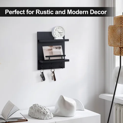 Vista 6 de Soporte de pared para llaves, decoración de estante de correo con 3 ganchos para llaves, organizador de pared de madera versátil para entrada