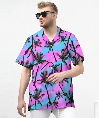 Vista 3 de LARSD Camisas de los años 80 para hombre, camisa con botones de los años 90, camisa vintage retro hawaiana de playa, camisa de discoteca de neón