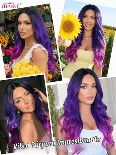 Vista 9 de HANNE - Peluca larga color Ombre con cabello rizado sintético, resistente al calor, de alta densidad y llena para mujeres 1B/azul/púrpura