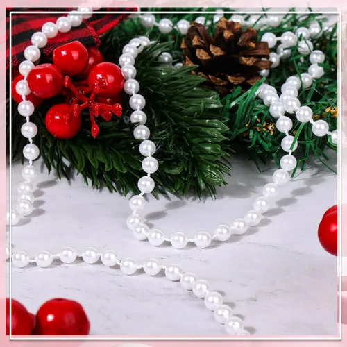 Vista 7 de PAXCOO Guirnalda de perlas blancas, hebras de perlas para decoración de árbol de Navidad, suministros de fiesta de boda