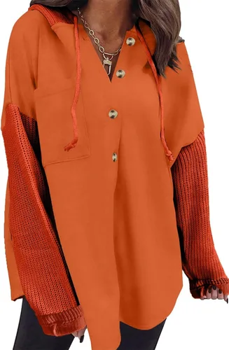 Vista 20 de SHEWIN - Sudadera de gran tamaño para mujer, de ajuste holgado, casual, manga larga, con botones, con capucha y bolsillos a gris