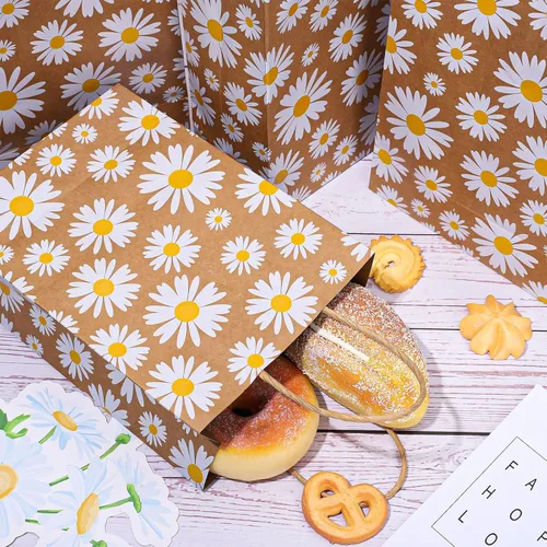 Vista 5 de Whaline Paquete de 12 bolsas de regalo de flores de margarita, bolsas de papel kraft con asas, bolsas de regalo florales para fiesta de primavera