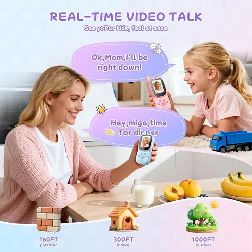 Vista 4 de Walkie Talkies de video para niños con cámara y video chat, largo alcance 1000 pies, recargable, Walkie Talkie para niños con filtros de calcomanías