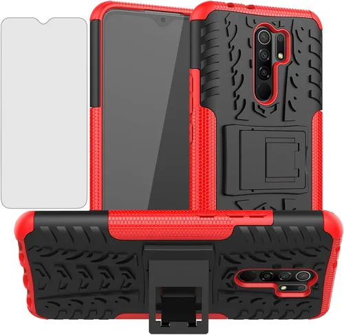 Vista 8 de Asuwish Funda de teléfono para Xiaomi Redmi 9 con protector de pantalla de vidrio templado y soporte delgado, híbrida, resistente, funda protectora