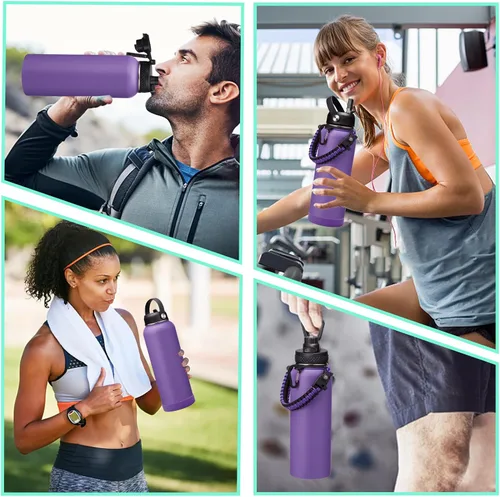 Vista 8 de Botellas de agua de acero inoxidable al vacío de 40 onzas con tapas de pajita y boquilla, botella de agua deportiva de metal a prueba de fugas que