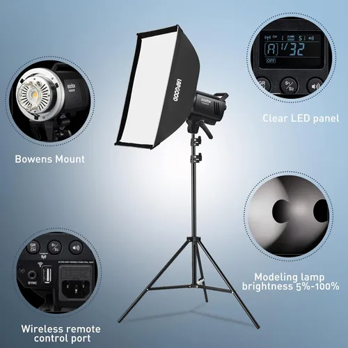 Vista 3 de Godox Kit de flash de estudio MS300V (2 x 300 W) con 2 cajas de luz, 2 soportes de luz, 2 reflectores, lámparas de modelado LED, sistema inalámbrico