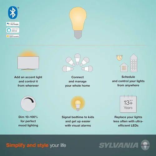 Vista 5 de Sylvania Smart+ Bluetooth - Bombilla LED A19 de filamento transparente, color blanco suave, compatible con Alexa, Apple HomeKit y Google Assistant